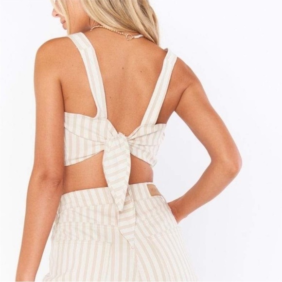 SHOW ME YOUR MUMU Alabama Crop Top In Sandy Stripe Sz XL NWT Tan White Tie - Picture 2 of 11